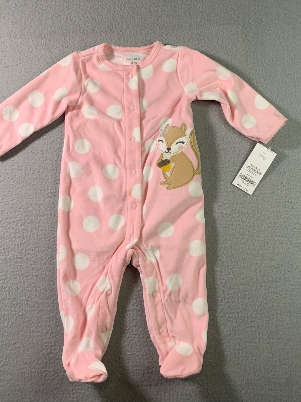 Carter's Pink and White Polka Dot Footed One-Piece with Squirrel size 6M